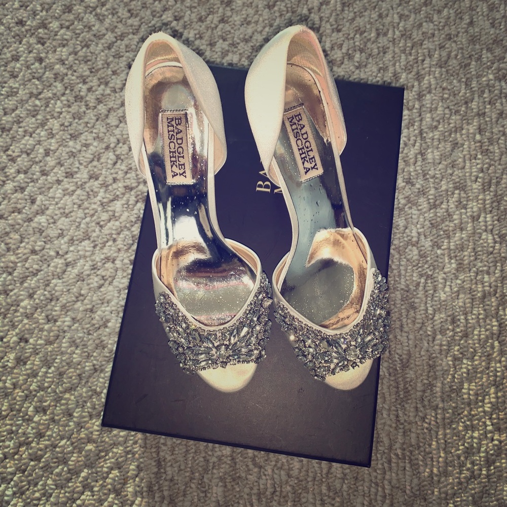 White satin badley mischka heels